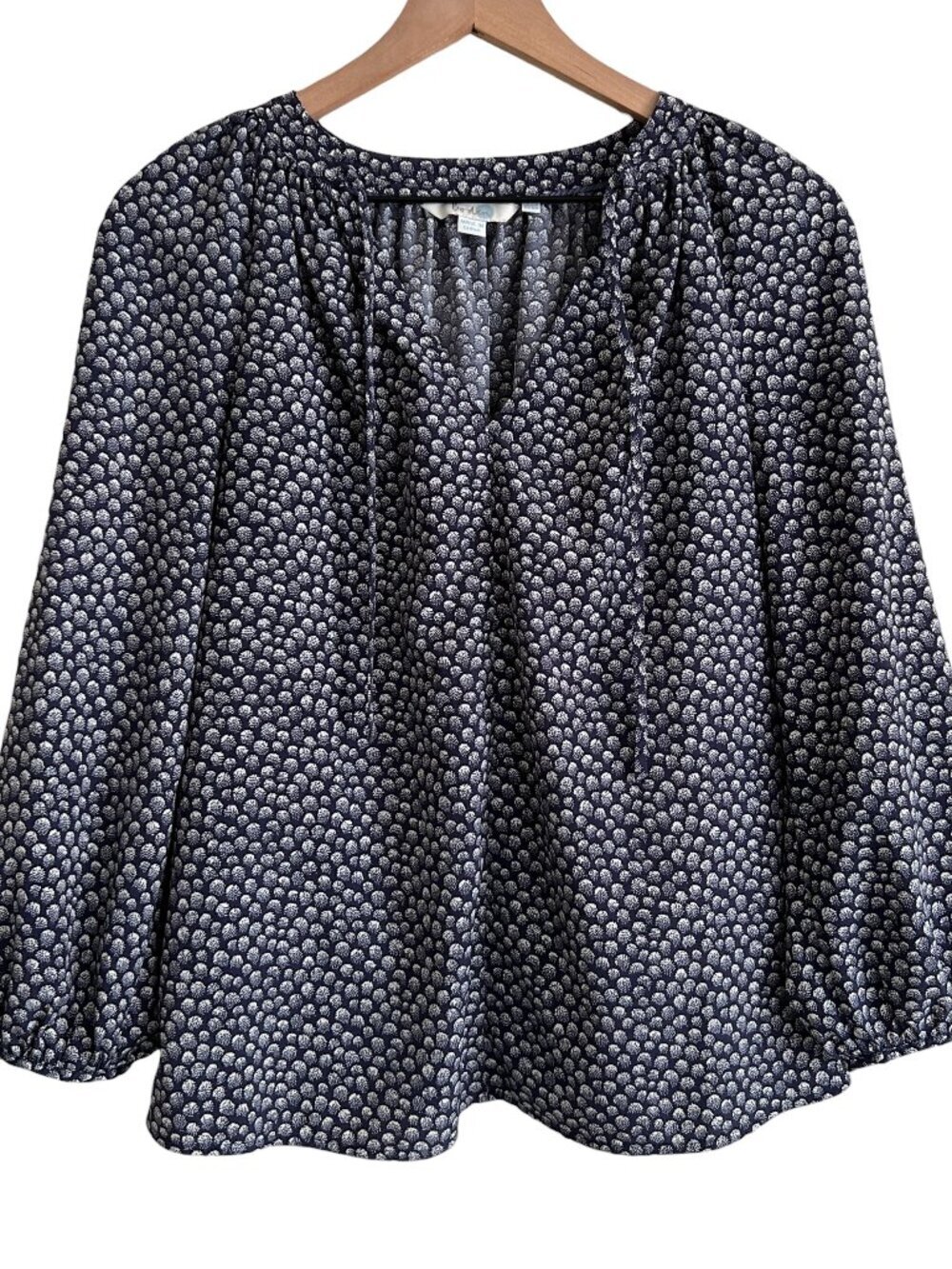 Boden Navy Printed Long Sleeve V-Neck Polly Peasant Top.